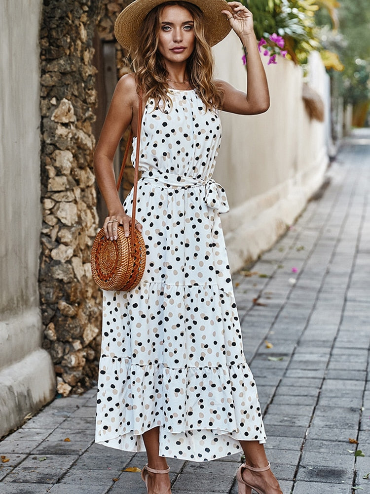 Summer Women Polka-Dot Long Dress Beach Dresses Strapless Casual White Midi Sundress Red Summer Vacation Clothes For Women