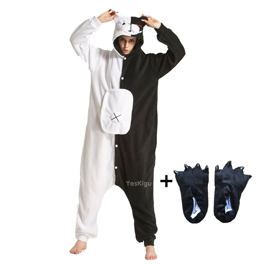 YESKIGU Monokuma Kigurumis Pajama Adult Onesie Anime Bear Jumpsuit Black White Animal Pajamas Women Halloween Party Suit Overall