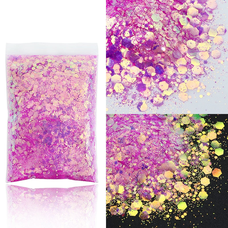 50G Holographic Mixed Hexagon Shape Chunky Nail Glitter Silver Sequins Laser Sparkly Flakes Slices Manicure Nails Art Decoration