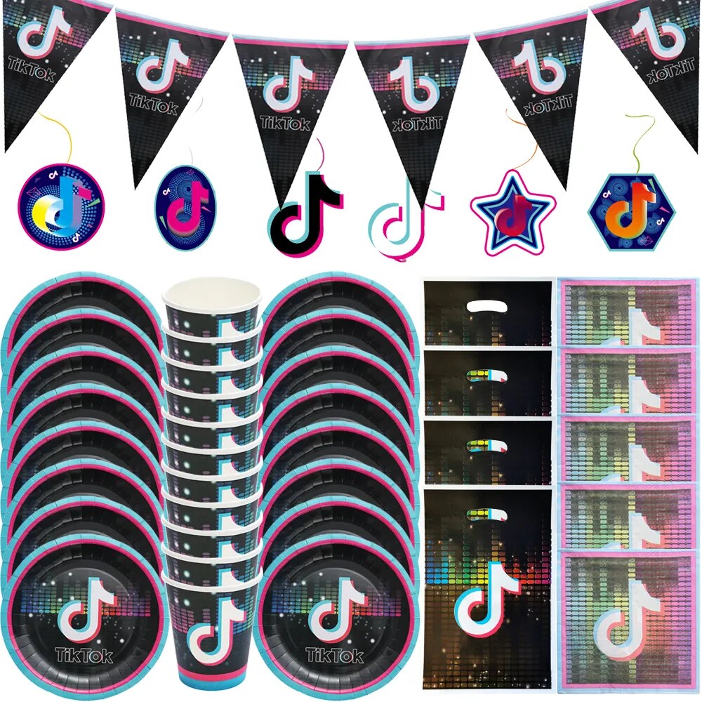 Tiktok Music Party Decoration Birthday Celebration Carnival Party Cutlery Set Cake Topper Paper Plates Cups Girl Shower Gifts