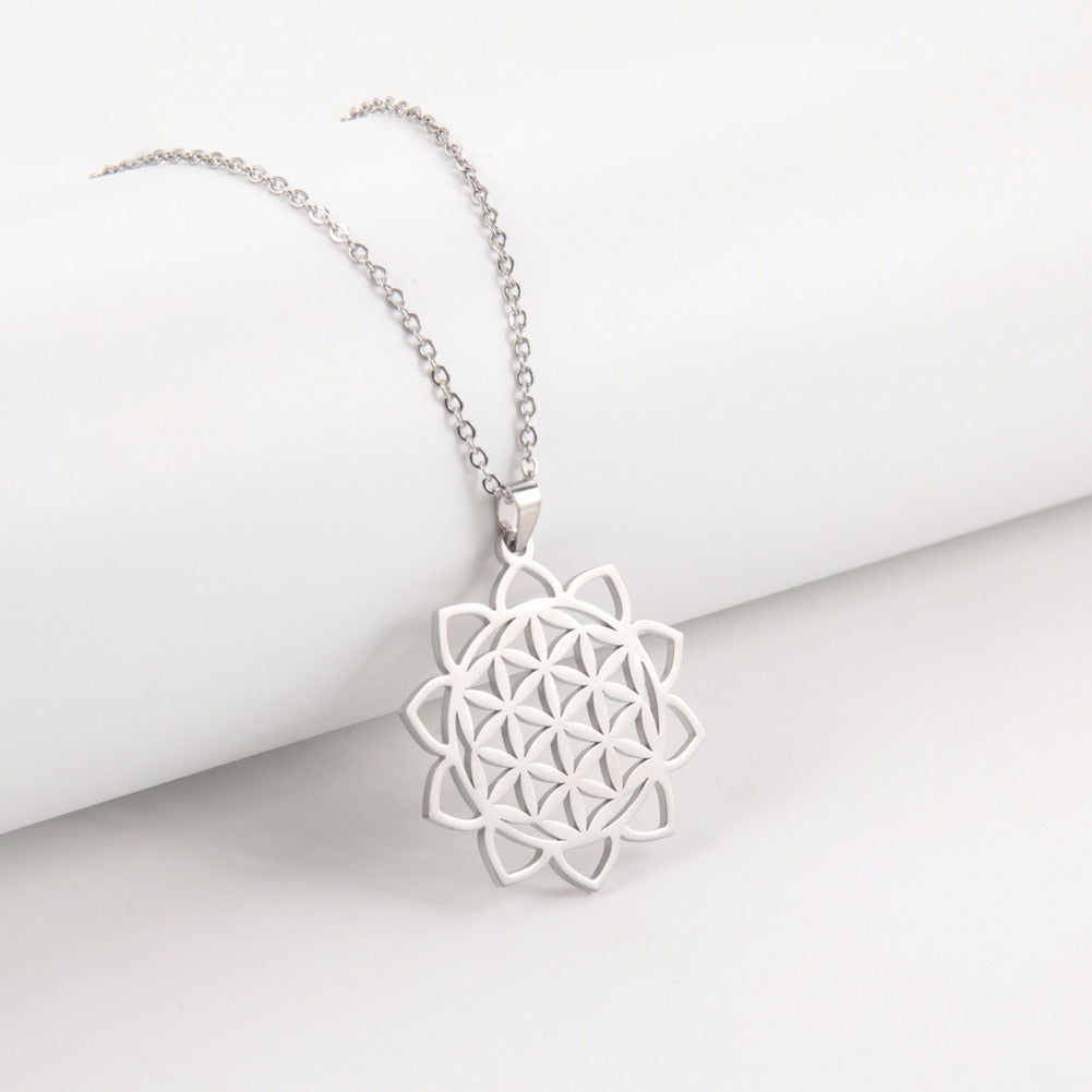 Gold Plated Flower of Life Pendant Necklace for Women Mandala Chakra Stainless Steel Charms Jewelry Sacred Geometry Amulet Gift