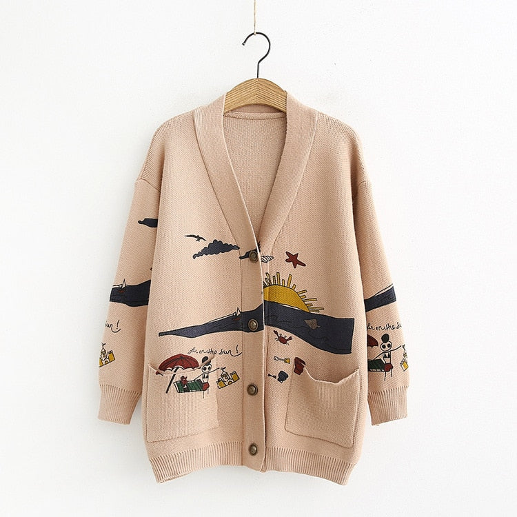 Letter Embroidery Loose Sweaters Women Winter Women Coat Cardigan Preppy Style Clothes Y2K Sweet Girl Casual Knit Sweater Top