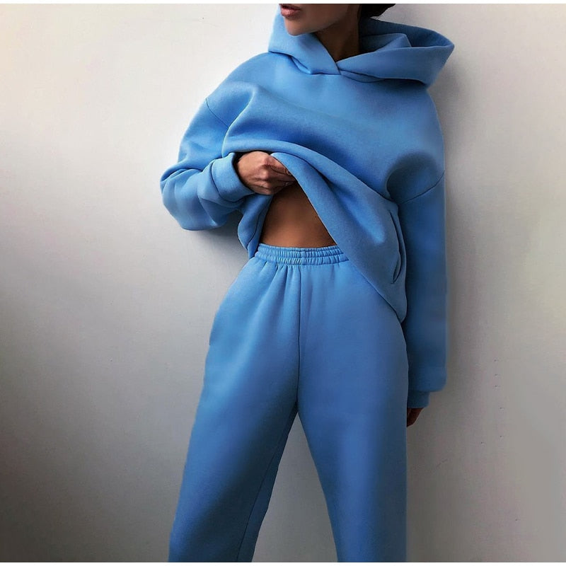 Women's Tracksuit Suit Autumn Fashion Warm Hoodie Sweatshirts Two Pieces Oversized Solid Casual Hoody Pullovers Long Pant Sets