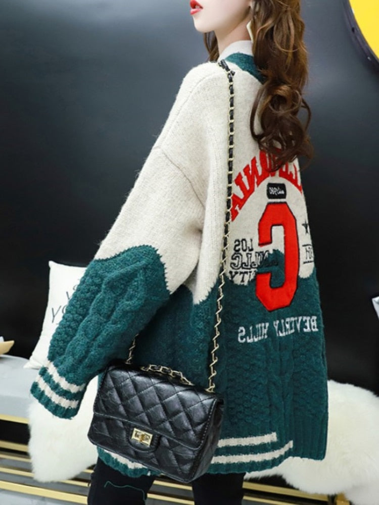 Women Oversized Cardigans V Neck Letters Embroidery Casual Patchwork Loose Jumpers Thick Warm Spring Knit Jacket Coat