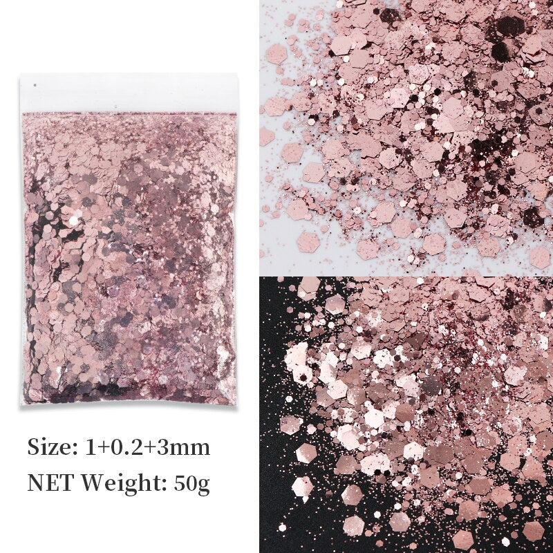 50G Holographic Mixed Hexagon Shape Chunky Nail Glitter Silver Sequins Laser Sparkly Flakes Slices Manicure Nails Art Decoration