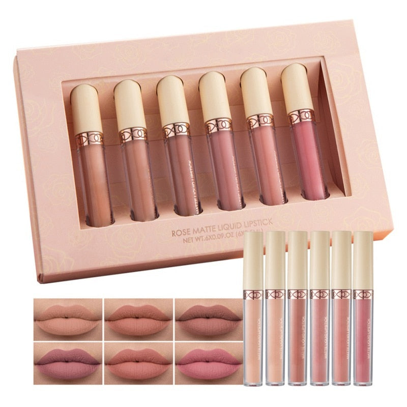 BEAUTY GLAZED 6Pcs/Set Professional Liquid Lipstick Lip Gloss Makeup Matte Sexy Kit Long Lasting Cosmetics Waterproof Maquiagem