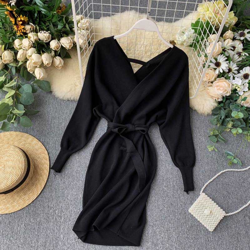 Autumn Winter Women Knitted Sweater Dress Long Batwing Sleeve V Neck Elegant Dress Ladies Bandage Dress