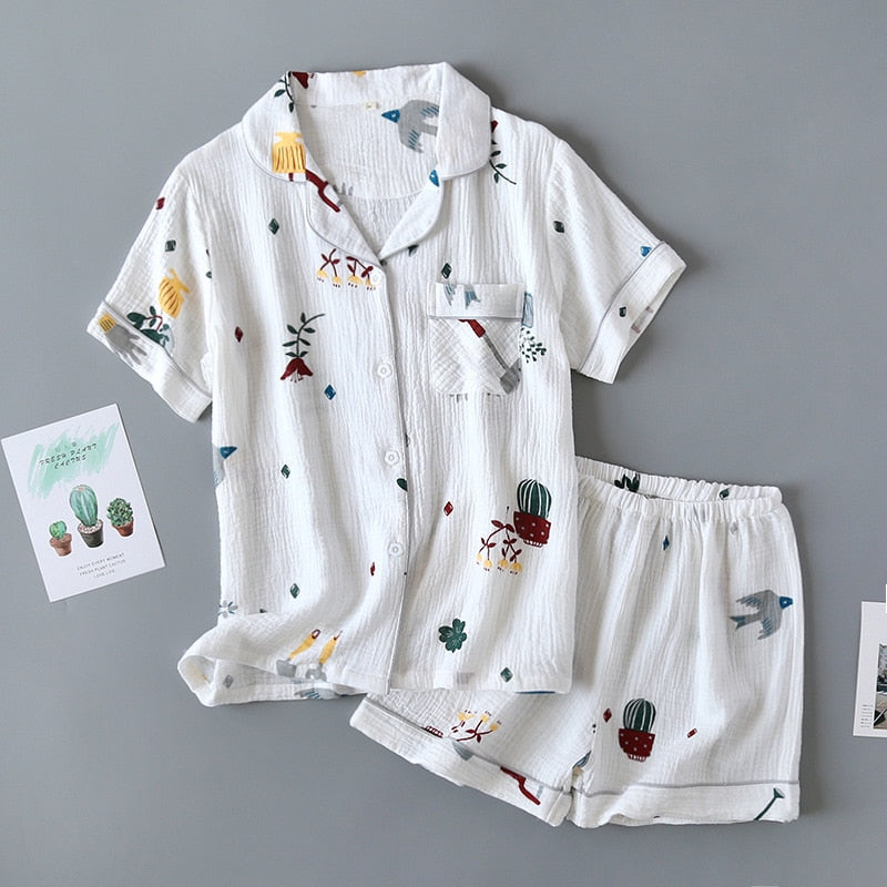 Ladies cotton gauze short sleeve shorts pajamas suit cute heart-shaped thin section home service suit woman