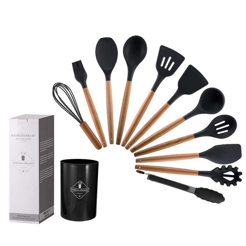 12Pcs Wooden Handle Silicone Kitchen Utensils With Storage Bucket High Temperature Resistant And Non Stick Pot Spatula And Spoon