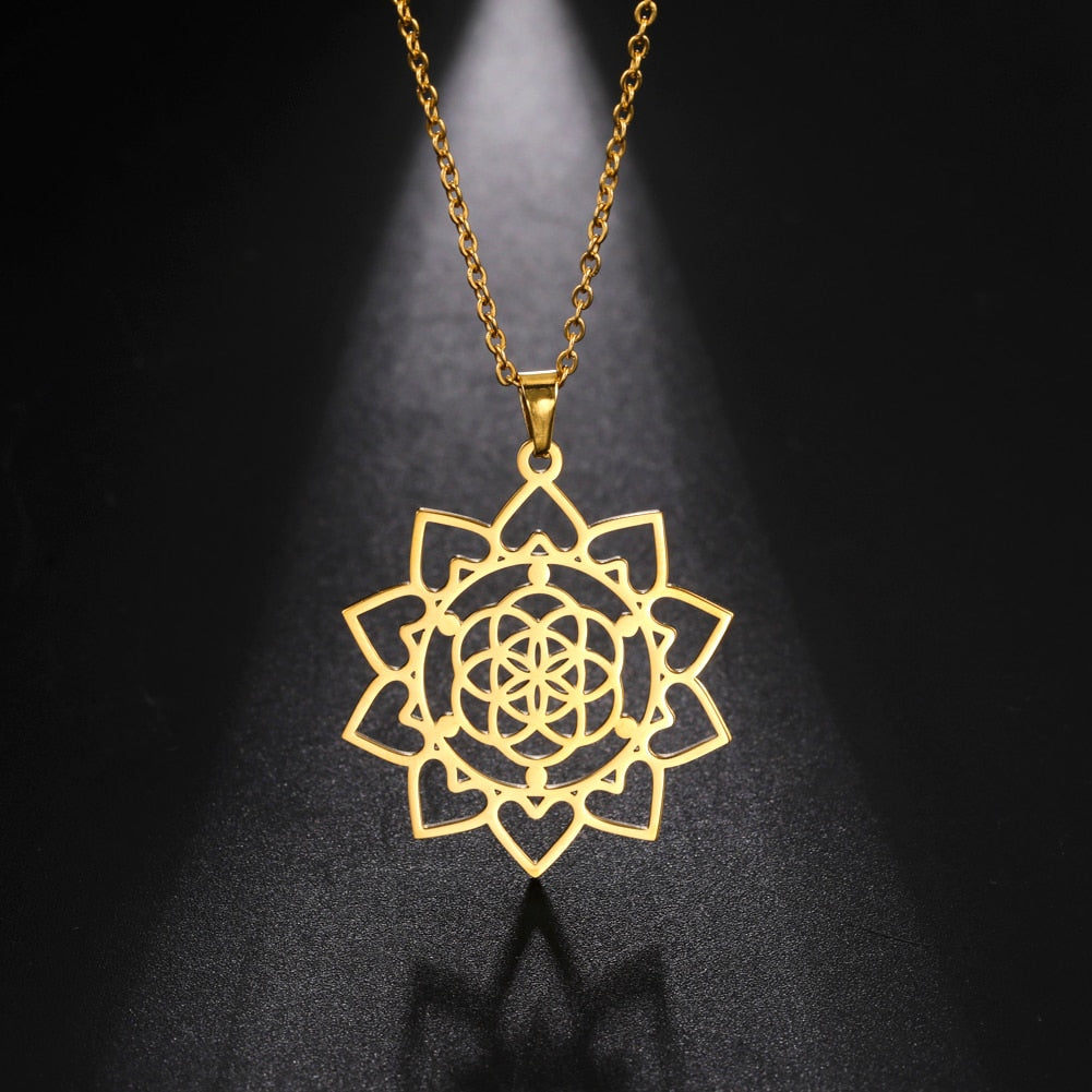 Gold Plated Flower of Life Pendant Necklace for Women Mandala Chakra Stainless Steel Charms Jewelry Sacred Geometry Amulet Gift