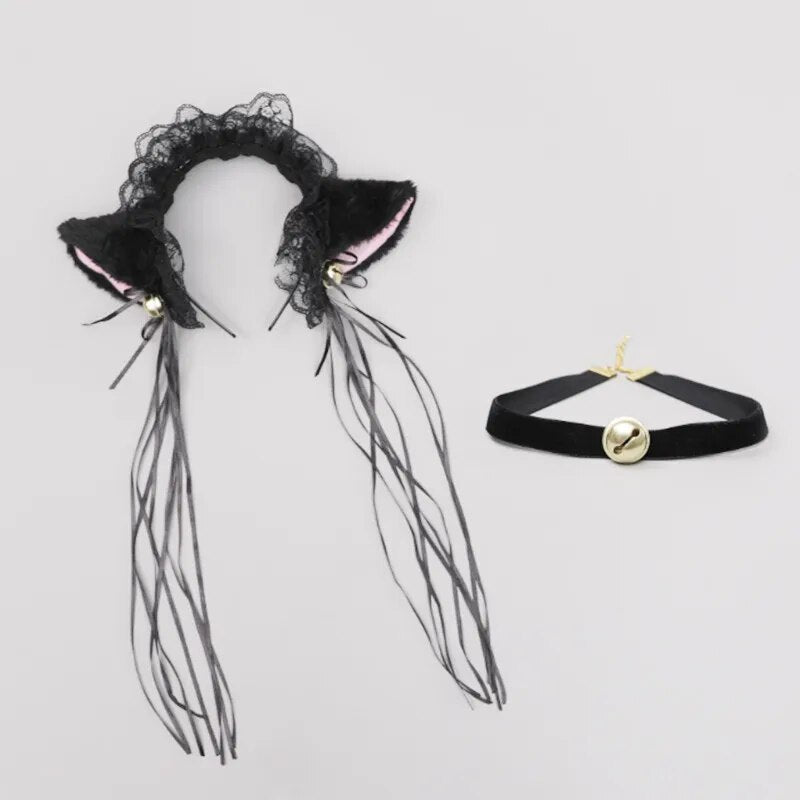 Women Lolita Girl Cat Fox Ear Headband Bow Neckwear Bell Tail Maid Housemaid Party  Anime Cosplay Costume Halloween Christmas