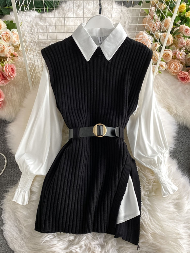 Spring Autumn Women's Lantern Sleeve Shirt Knitted Vest Two Piece Sets of College Style Waistband Vest Two Sets Top