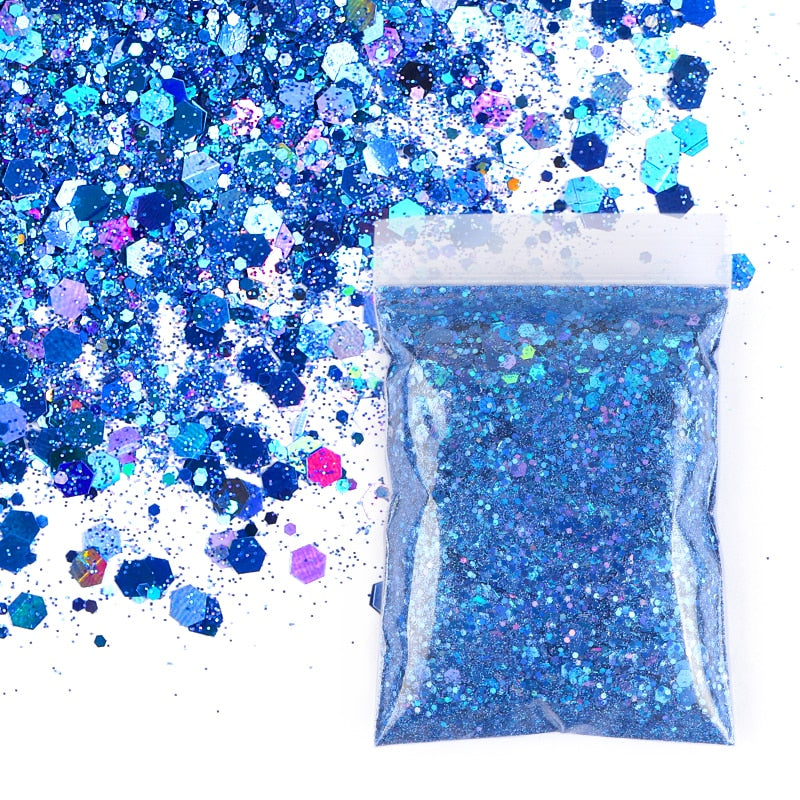 50G Holographic Mixed Hexagon Shape Chunky Nail Glitter Silver Sequins Laser Sparkly Flakes Slices Manicure Nails Art Decoration