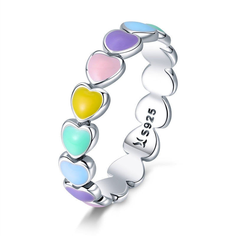 WOSTU New Arrival 925 Sterling Silver Multi-Color Rainbow Heart Finger Rings For Women Luxury Ring Jewelry Gift