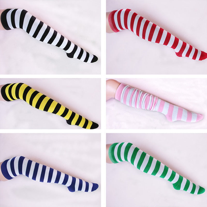 Over Knee Black White Blue Red Long Stripe Japanese Cartoon Tight High For Women Girl Cosplay Student Kawaii Tights