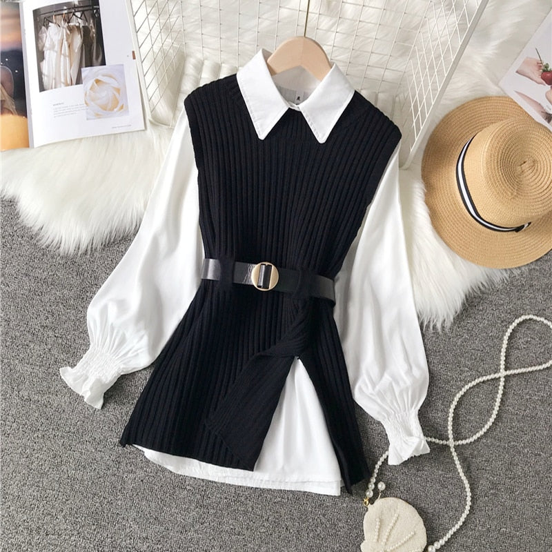 Spring Autumn Women's Lantern Sleeve Shirt Knitted Vest Two Piece Sets of College Style Waistband Vest Two Sets Top