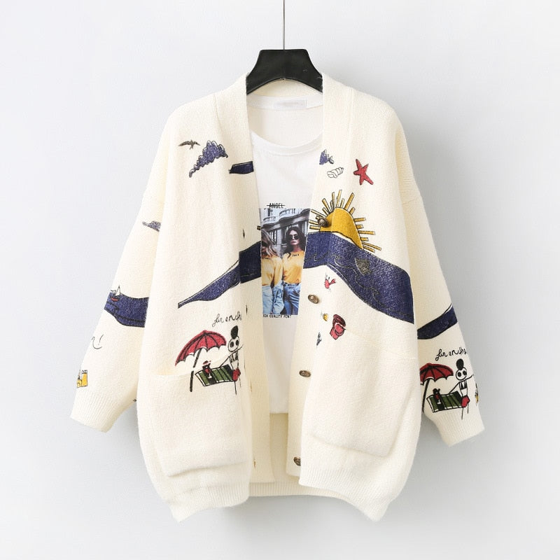 Letter Embroidery Loose Sweaters Women Winter Women Coat Cardigan Preppy Style Clothes Y2K Sweet Girl Casual Knit Sweater Top