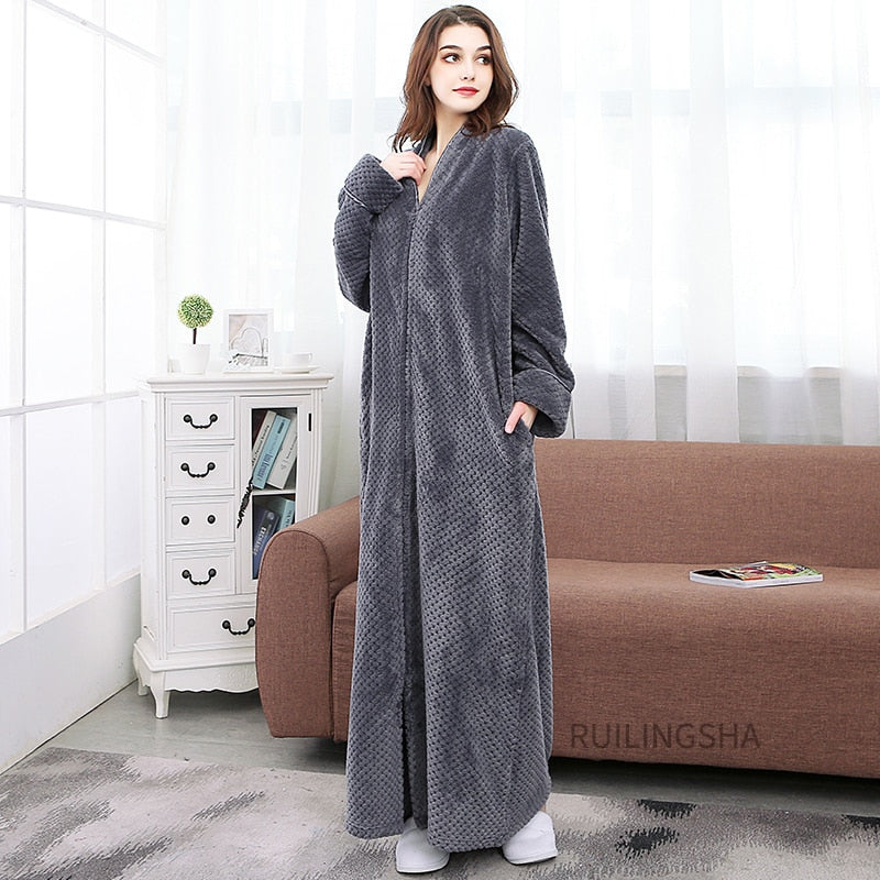 Women Winter Plus Size Long Warm Flannel Hooded Bathrobe - Zipper Bath Robe Pregnant Night Dressing Gown Men Sleepwear