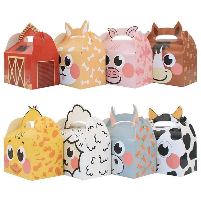 5Pcs Farmland Carton Animal Gift Boxes Paper Biscuit Candy Box For Kids Farm Themed Animal Birthday Party DIY Packaging Supplies