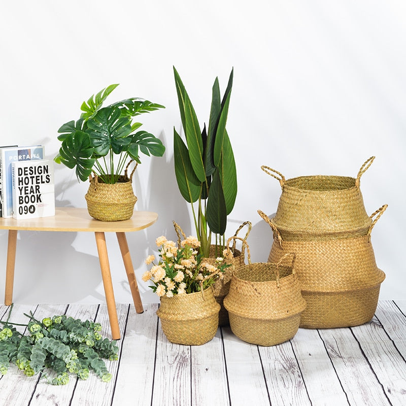 Foldable Wicker Basket Planter Rattan Woven Basket Handmade Seagrass Laundry Storage Basket Home Decor Kitchen Organizer