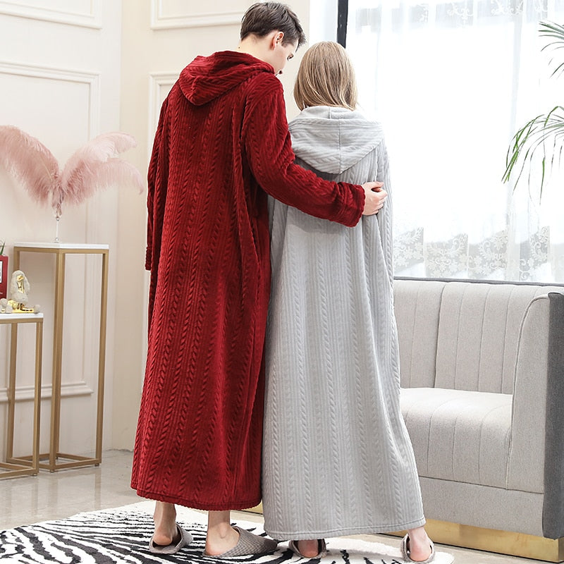 Women Winter Plus Size Long Warm Flannel Hooded Bathrobe - Zipper Bath Robe Pregnant Night Dressing Gown Men Sleepwear