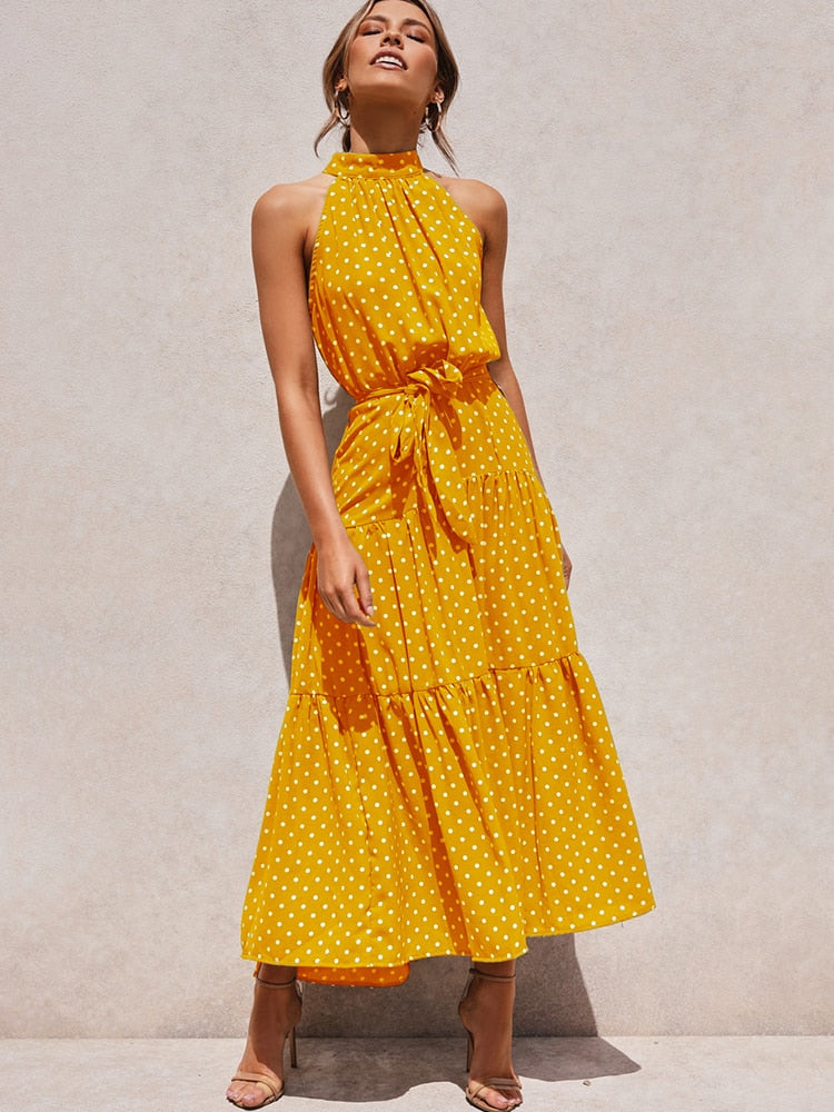 Summer Long Dress Polka Dot Casual Dresses Black Sexy Halter Strapless New Yellow Sundress Vacation Clothes For Women