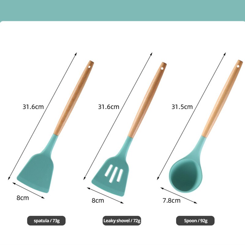 12Pcs Wooden Handle Silicone Kitchen Utensils With Storage Bucket High Temperature Resistant And Non Stick Pot Spatula And Spoon