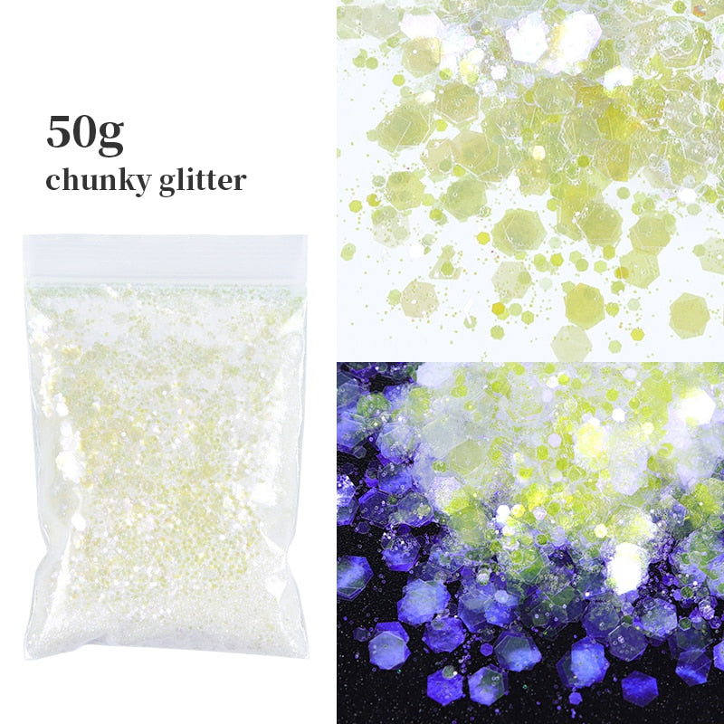 50G Holographic Mixed Hexagon Shape Chunky Nail Glitter Silver Sequins Laser Sparkly Flakes Slices Manicure Nails Art Decoration