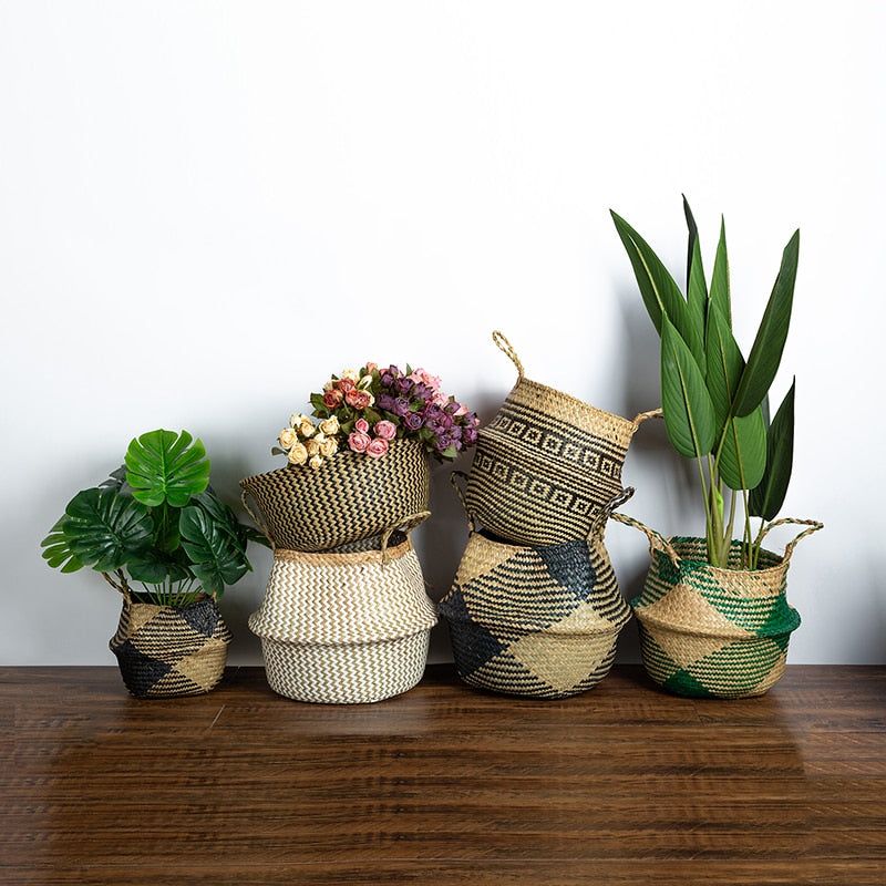 Foldable Wicker Basket Planter Rattan Woven Basket Handmade Seagrass Laundry Storage Basket Home Decor Kitchen Organizer