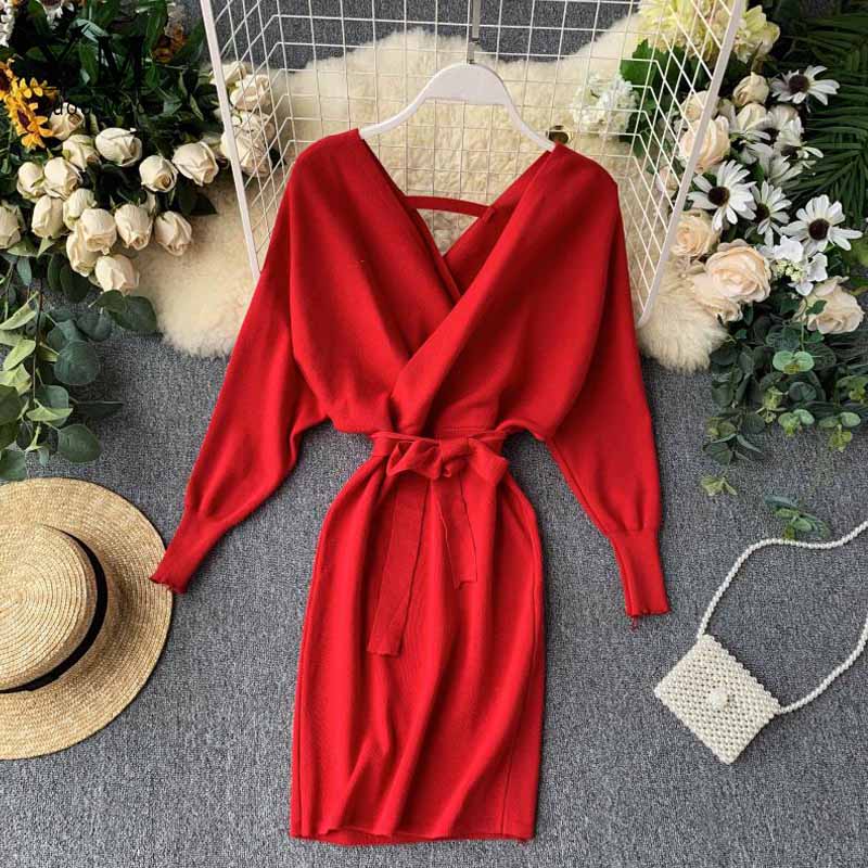 Autumn Winter Women Knitted Sweater Dress Long Batwing Sleeve V Neck Elegant Dress Ladies Bandage Dress