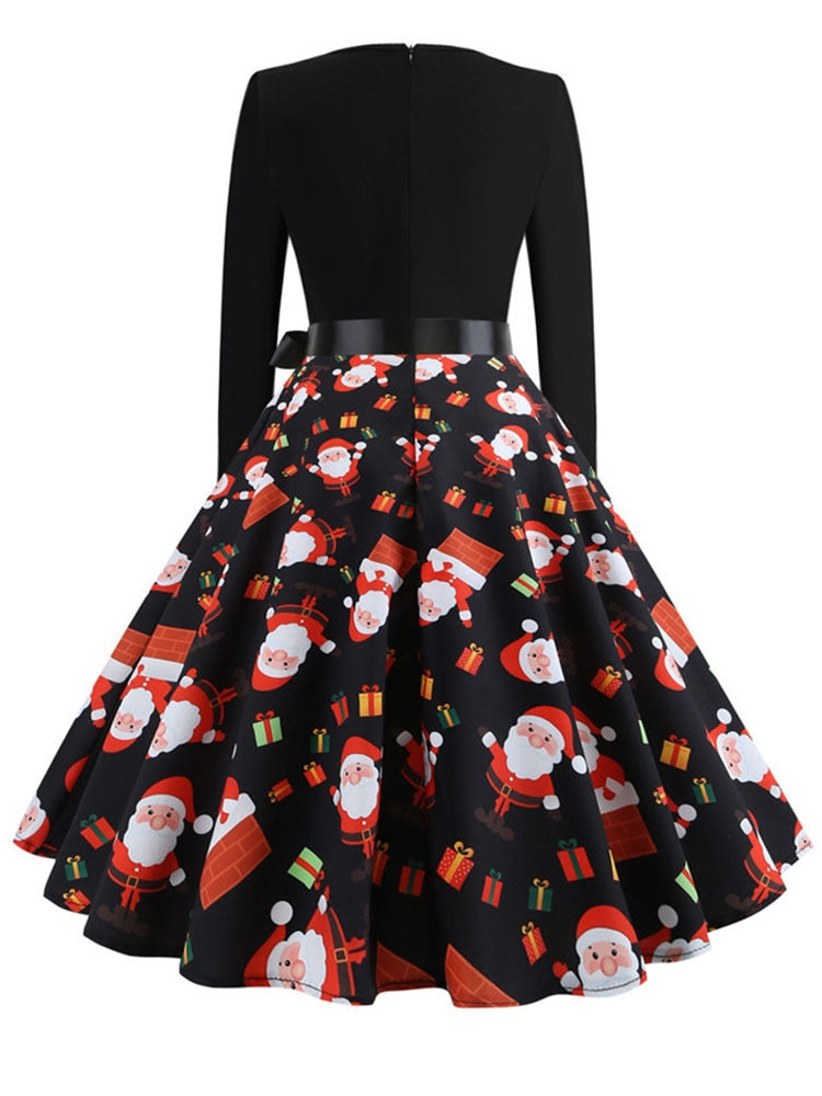 Christmas Dresses Women Vintage Robe Swing Pinup Elegant Party Dress Long Sleeve Casual Print Black