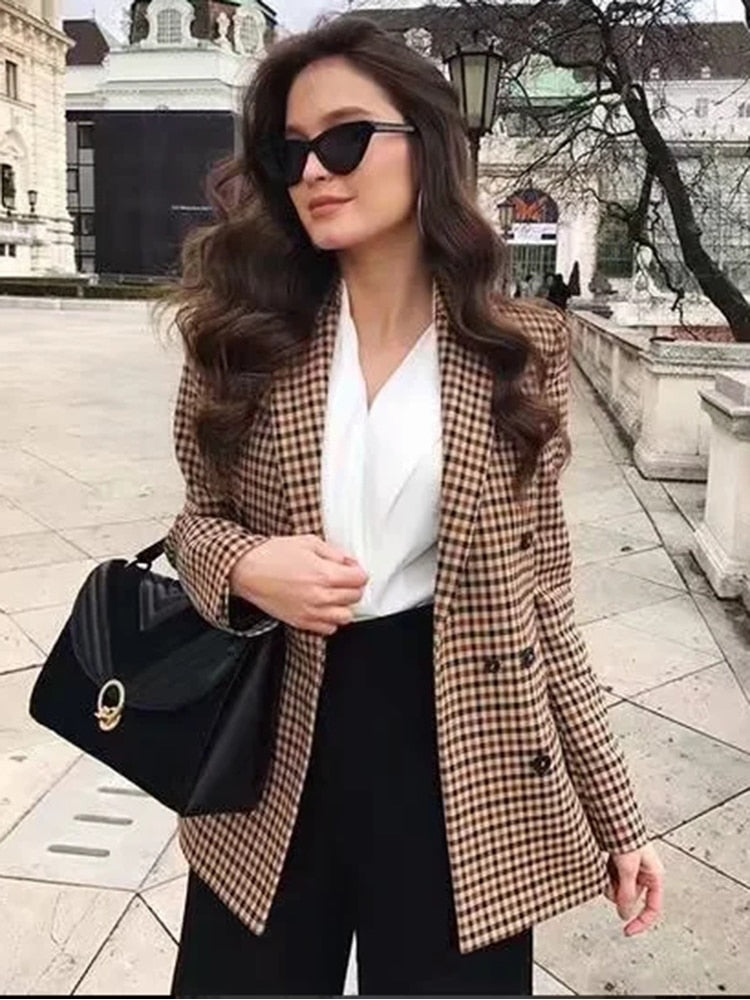 Women Plaid Blazers and Jackets Work Office Lady Suit Slim Double Breasted Business Female Blazer Coat Talever