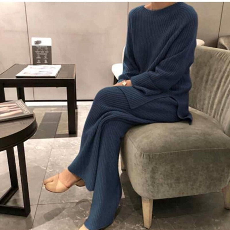 Winter Women's Thicken Warm Knitted Pullover Sweater Two-Piece Suits +High Waist Loose Wide Leg Pants Set