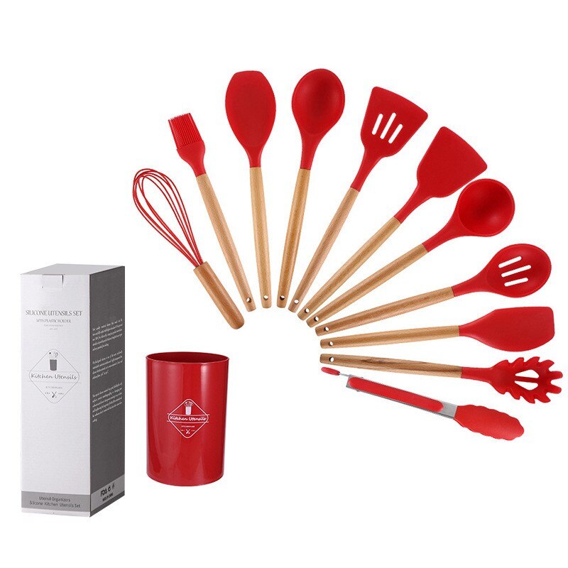 12Pcs Wooden Handle Silicone Kitchen Utensils With Storage Bucket High Temperature Resistant And Non Stick Pot Spatula And Spoon