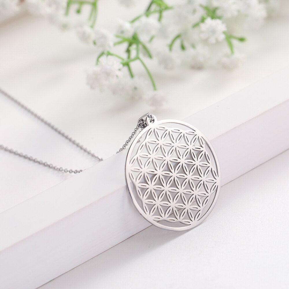 Gold Plated Flower of Life Pendant Necklace for Women Mandala Chakra Stainless Steel Charms Jewelry Sacred Geometry Amulet Gift