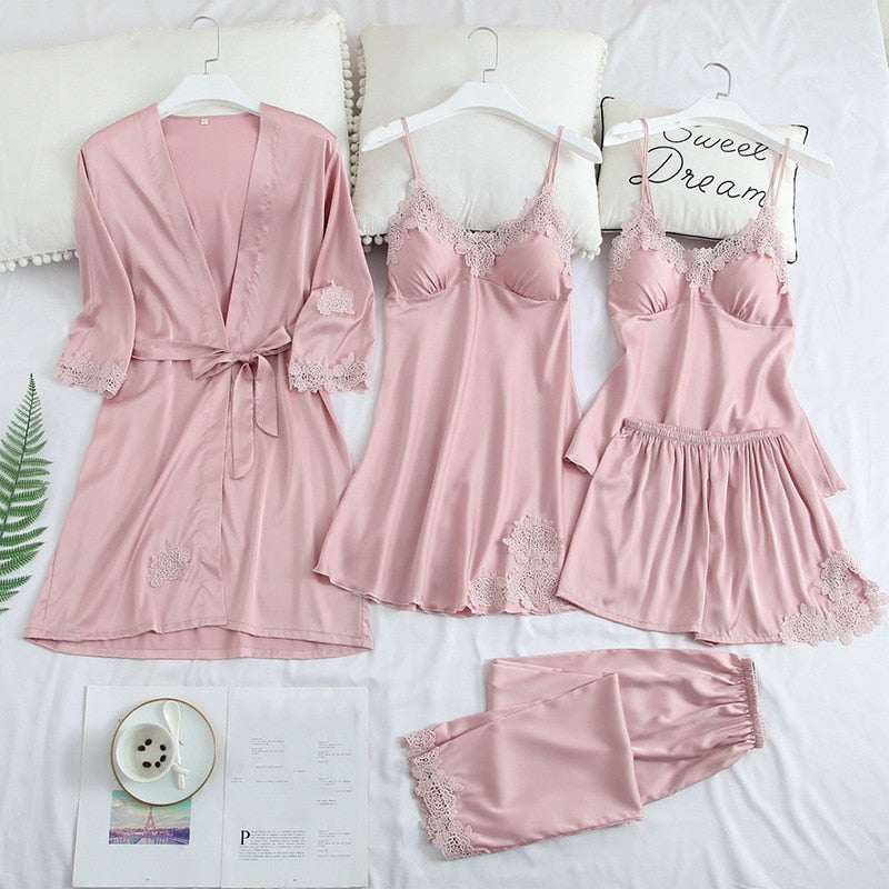 Women Robe Suit Pajamas Nighty&Satin Kimono Bathrobe Gown Nightdress Silky Lace Sleep Set Nightwear Sexy Nightgown