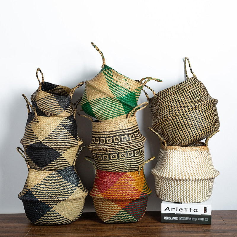 Foldable Wicker Basket Planter Rattan Woven Basket Handmade Seagrass Laundry Storage Basket Home Decor Kitchen Organizer