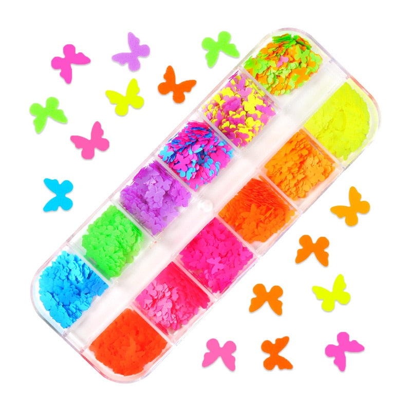 Fluorescence Butterfly Heart Fruits Various Shapes Nail Art Glitter Flakes 3D Colourful Sequins Polish Manicure Nail Decoration