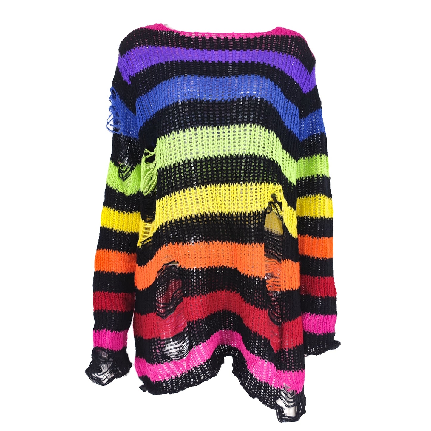 Punk Gothic Long Women Striped Cool Hollow Out Hole Broken Jumper Loose Rock Thin Dark Streetwear Top