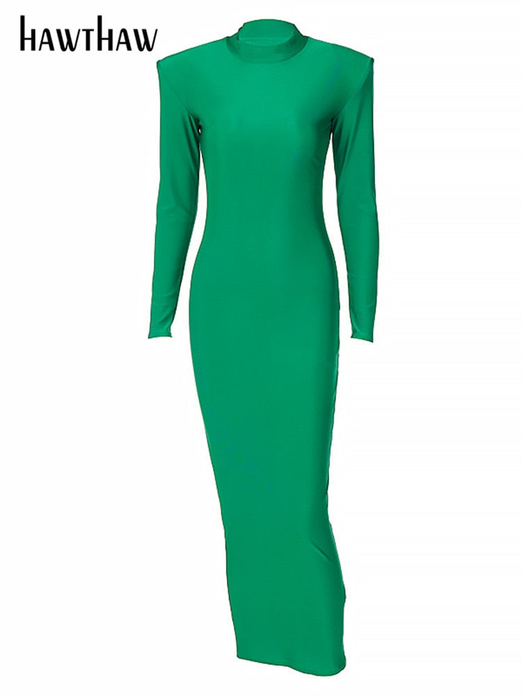 Hawthaw Shoulder Padded Long Sleeve Bodycon Green Party Club Maxi Long Dress