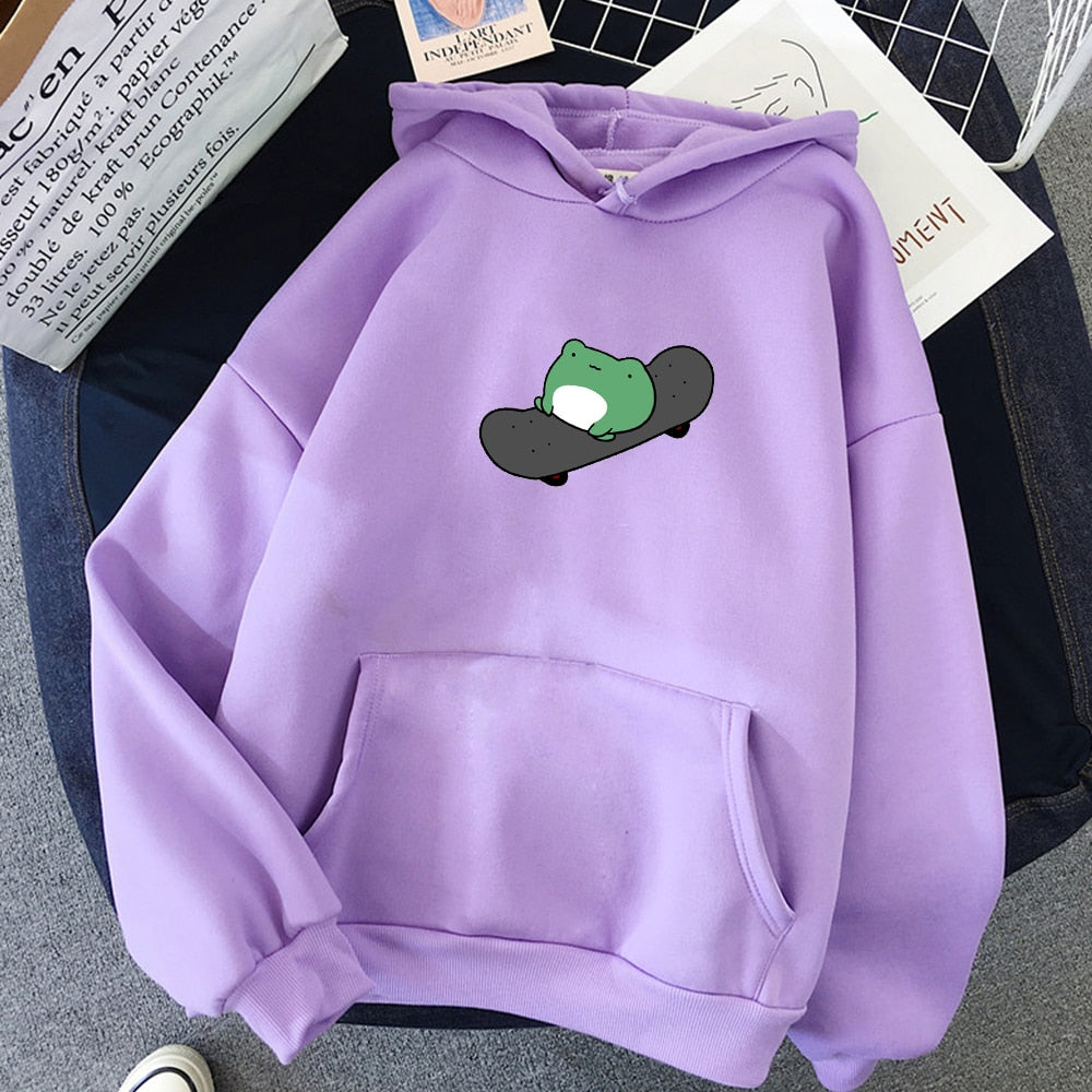 Winter  Skateboard Frog Oversized Sweatshirt Men and Women Hoodies Harajuku Warm Pullover Drawstring Pink Womens Korean Style