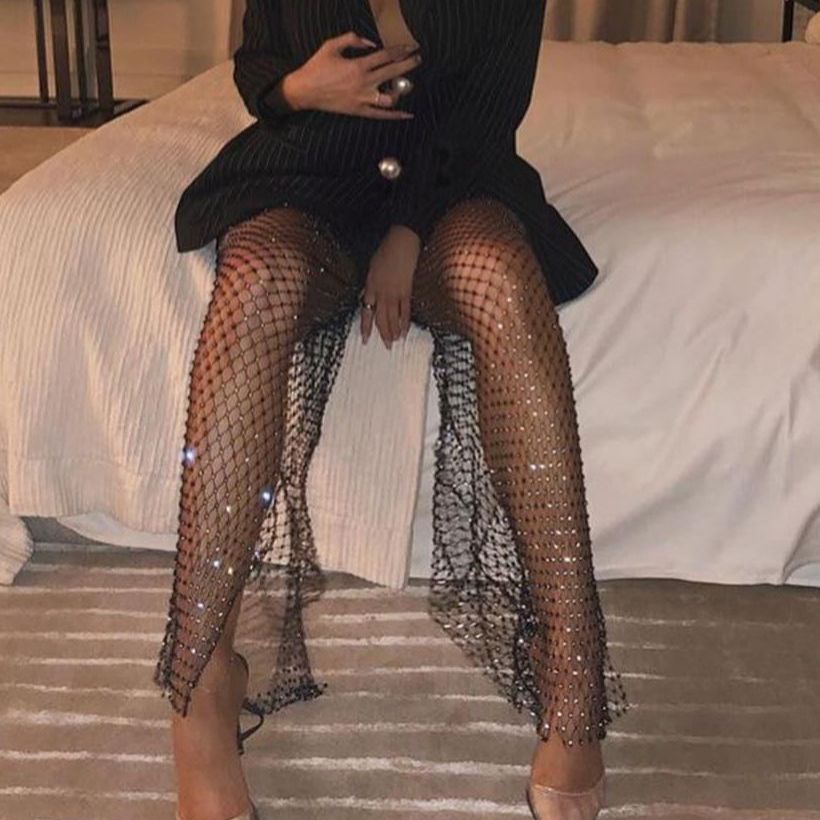 DIRTYLILY Crystal Diamond Shiny Women Pants Summer New Fashion Hollow Out Fishnet Wide Leg Trousers Sexy See Through Beach Pant