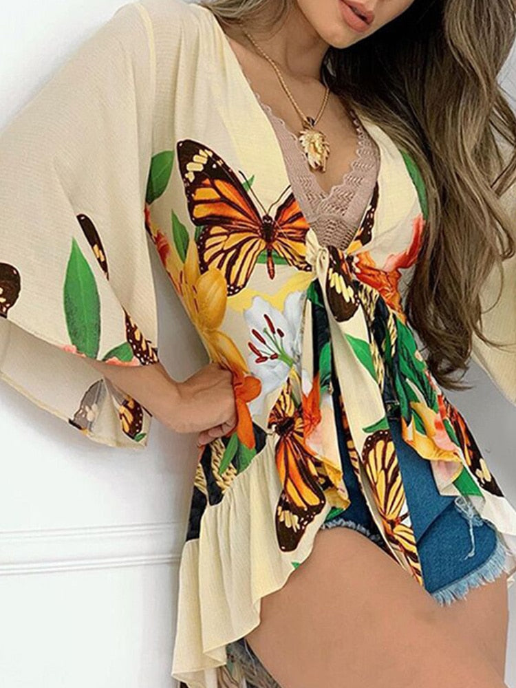 Tropical Print Bell Sleeve Blouse Tops Women