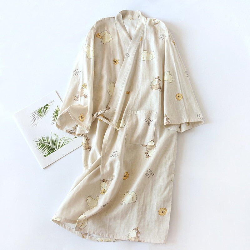 Japanese-style kimono pajamas summer new 100% cotton gauze pajamas nightgown ladies SPA yukata homewear long pajamas women