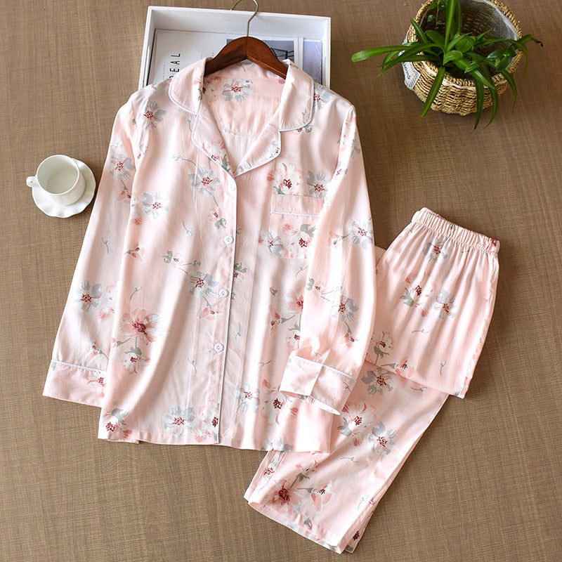 Women's pajamas Viscose fiber silk long-sleeved trousers suit flower printing home service