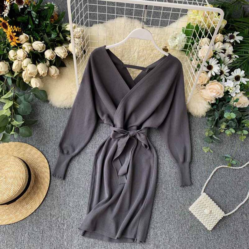 Autumn Winter Women Knitted Sweater Dress Long Batwing Sleeve V Neck Elegant Dress Ladies Bandage Dress