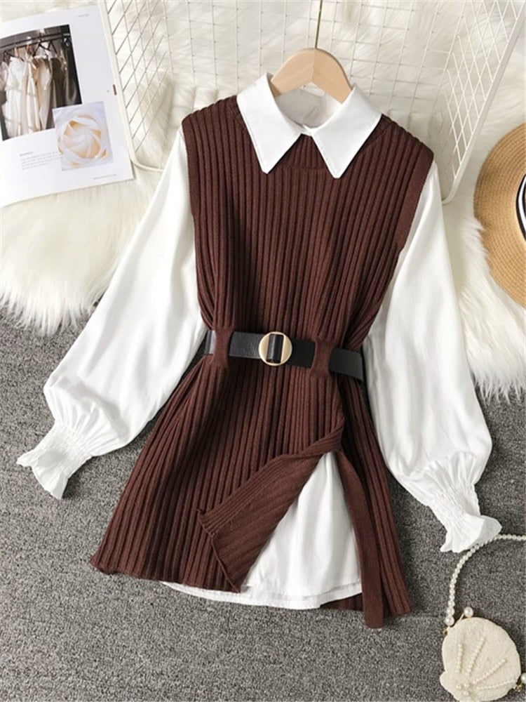 Spring Autumn Women's Lantern Sleeve Shirt Knitted Vest Two Piece Sets of College Style Waistband Vest Two Sets Top