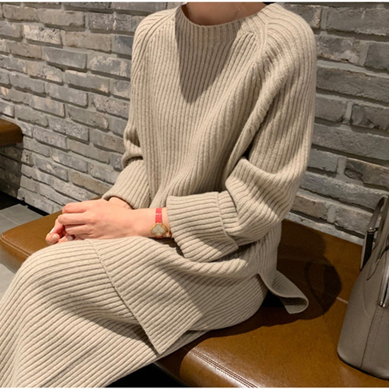 Winter Women's Thicken Warm Knitted Pullover Sweater Two-Piece Suits +High Waist Loose Wide Leg Pants Set