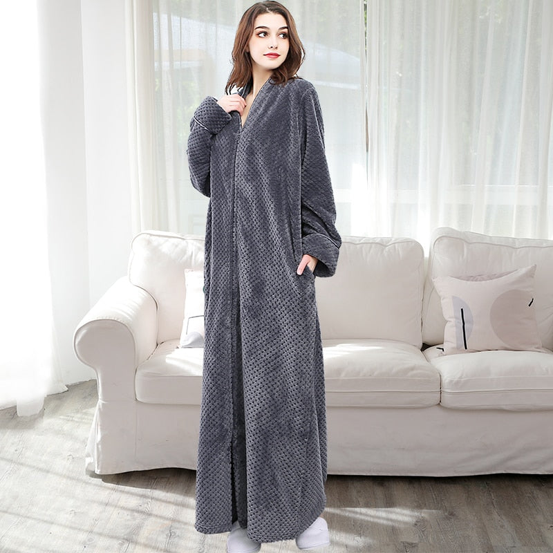 Women Winter Plus Size Long Warm Flannel Hooded Bathrobe - Zipper Bath Robe Pregnant Night Dressing Gown Men Sleepwear