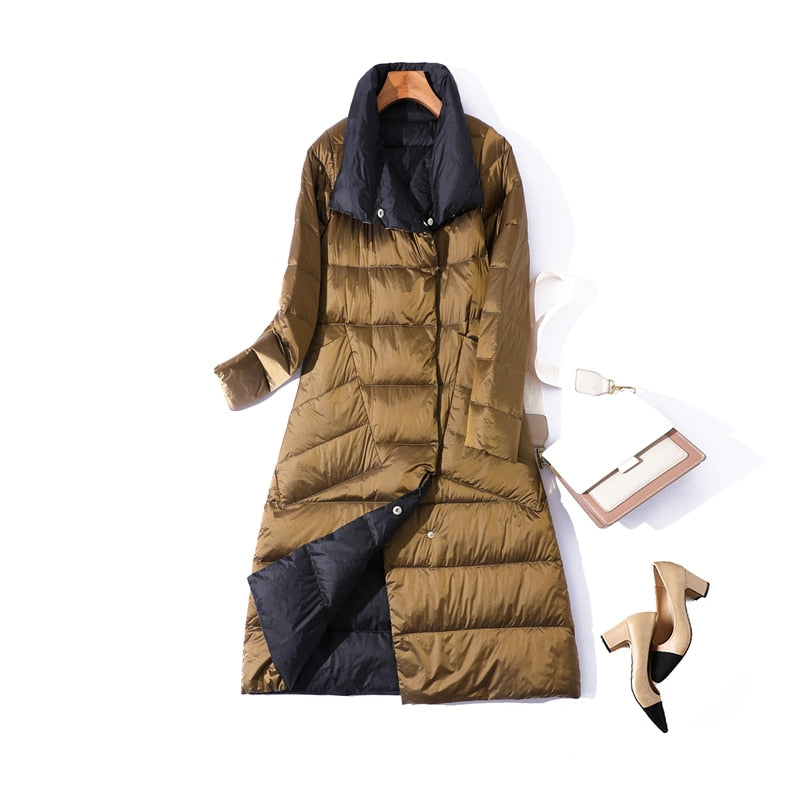 Duck Down Jacket Women Winter Long Double Sided Plaid Coat Female  Warm Down Parka Slim Outwear